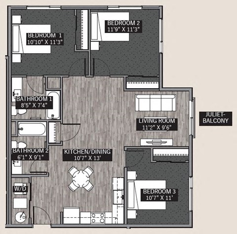 Floor plan for 3 beds, 2 baths, 1134 sqft